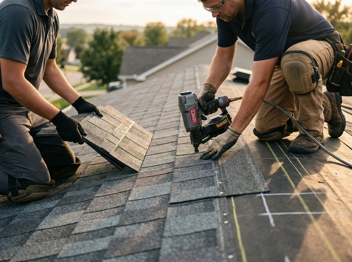 Professional roofer working on a residential roof in North Tustin